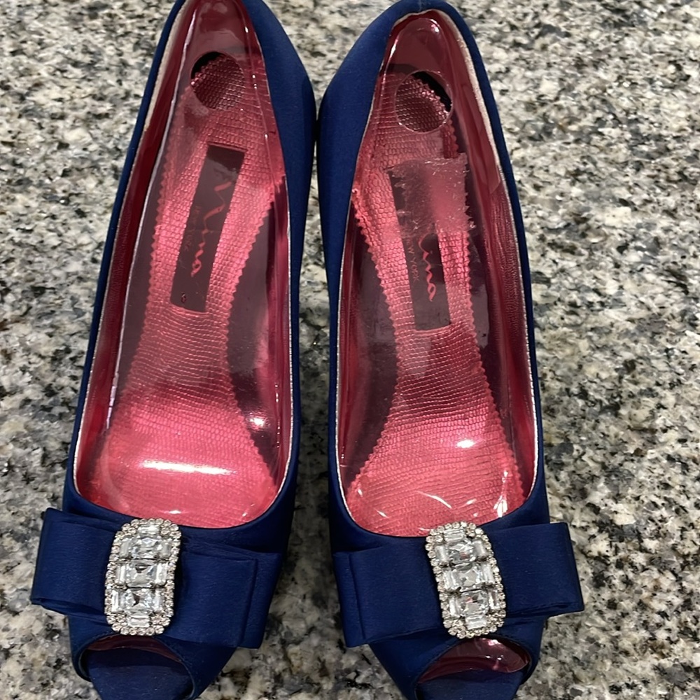 Nina Blue Satin Peep Toe Heels - Picture 11 of 11